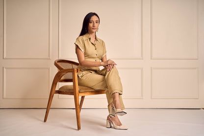 PEARL WHIM SAGE LINEN Scallop collar shirt with Placement flower and embroidery pant Set