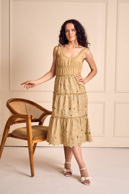 FLUER ELAN SAGE Cutwork Embroidery Tiered Midi Dress