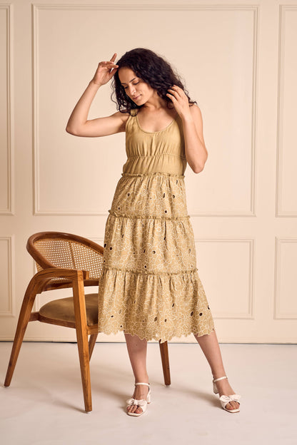 FLUER ELAN SAGE Cutwork Embroidery Tiered Midi Dress