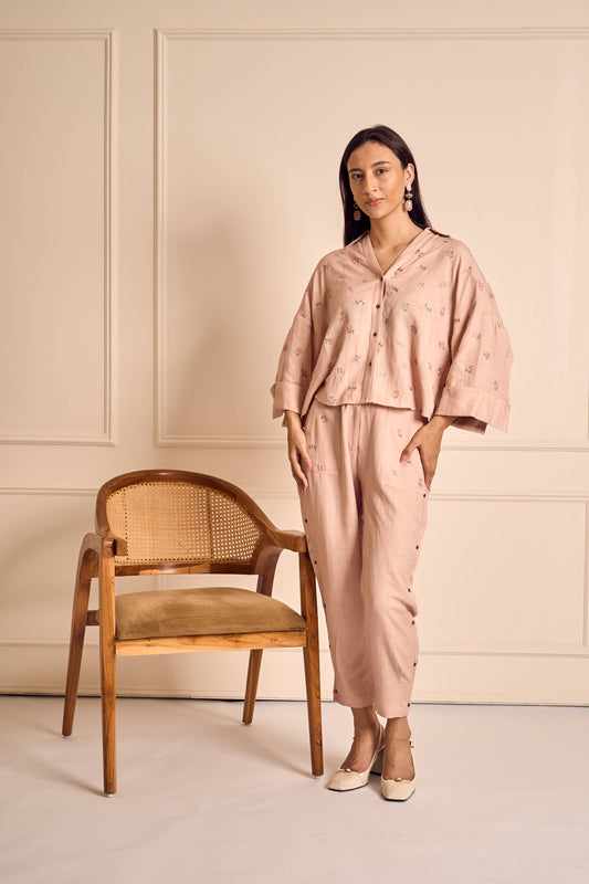 MEADOW MUSE PINK LINEN Ditsy embroidered Coord set