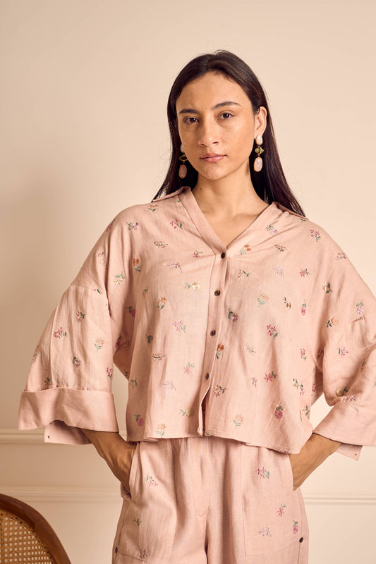 MEADOW MUSE PINK LINEN Ditsy embroidered Shirt