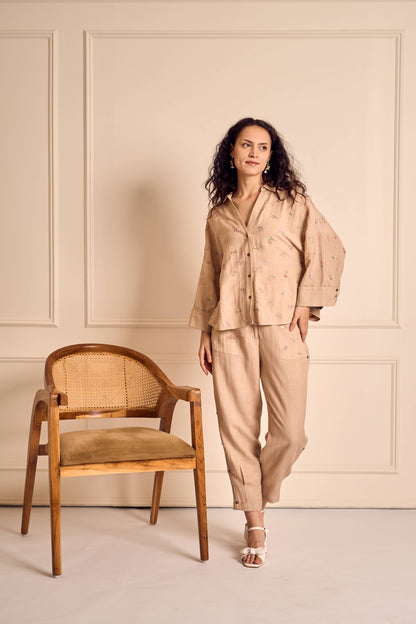 MEADOW MUSE NUDE Ditsy flower embroirdered Coord set in Linen