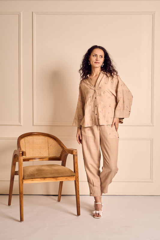 MEADOW MUSE NUDE Ditsy flower embroirdered Coord set in Linen