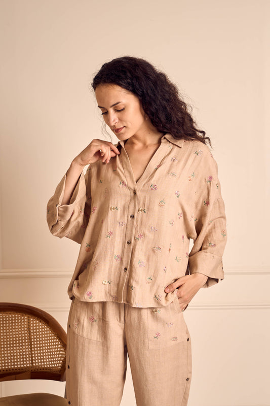 MEADOW MUSE NUDE Ditsy flower embroirdered Coord Shirt