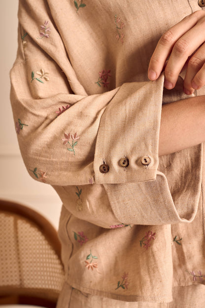 MEADOW MUSE NUDE Ditsy flower embroirdered Coord set in Linen