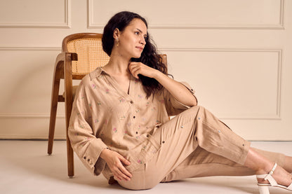 MEADOW MUSE NUDE Ditsy flower embroirdered Coord set in Linen