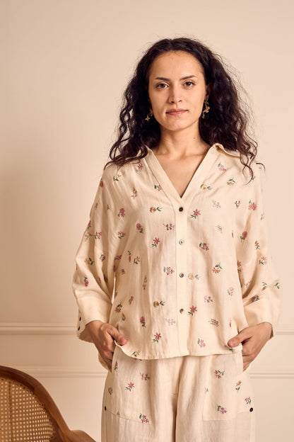 MEADOW MUSE IVORY Ditsy flower Embroidered Coord set in Linen
