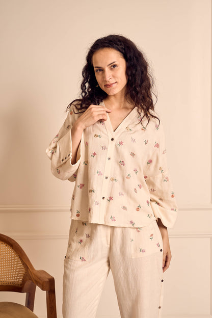 MEADOW MUSE IVORY Ditsy flower Embroidered Coord set in Linen