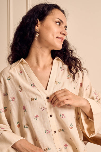 MEADOW MUSE IVORY Ditsy flower Embroidered Coord set in Linen