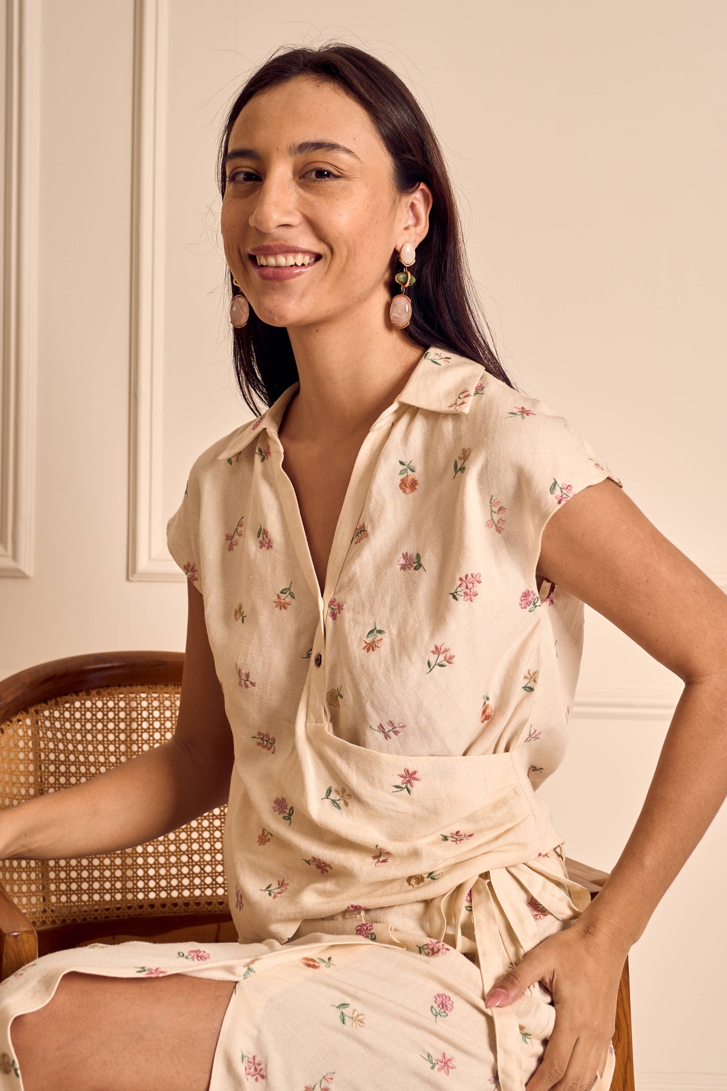 PETAL POISE IVORY LINEN Ditsy embroidered Pleated top with Front slit skirt SET