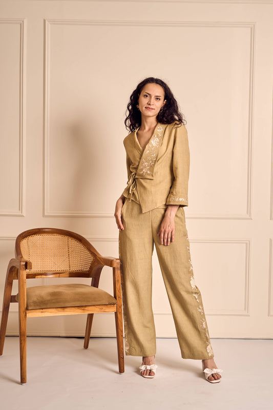 OLIVE GRACE Sage Wrap collar placement embroidery Coord set with Side seam embroidery on pant