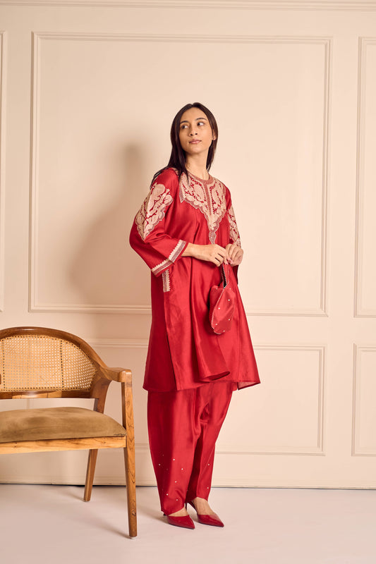 RUBANI Crimson Red Chanderi Kurta Set with Tissue Applique Mirror Work