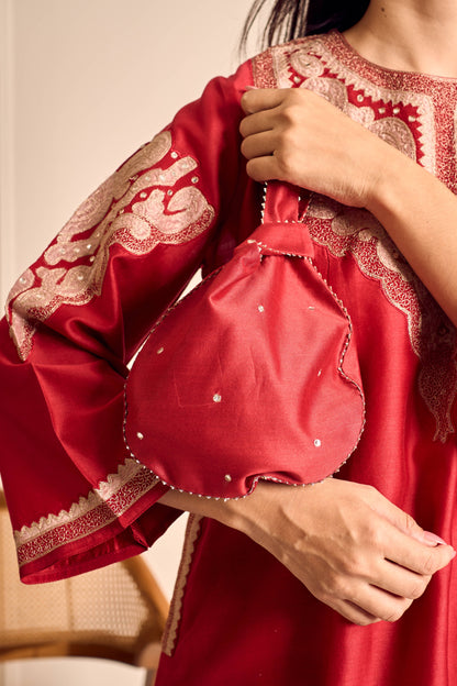 RUBANI Crimson Red Chanderi Kurta Set with Tissue Applique Mirror Work