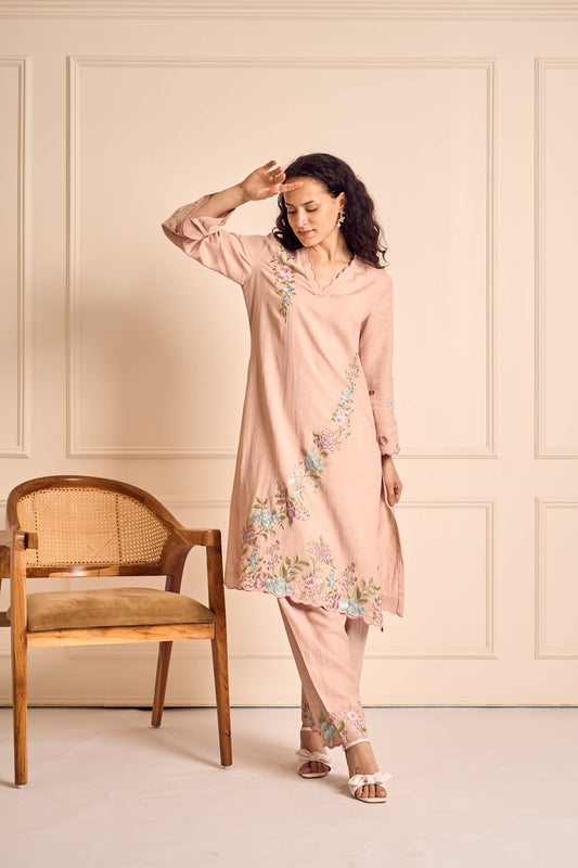 SAANJH BLOOM Pink Linen Kurta and Salwar suit with embroidered Vine and scallops
