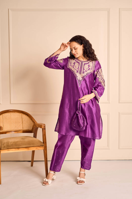 RUBANI Orchid Violet Chanderi Kurta Set Tissue Applique Mirror Work