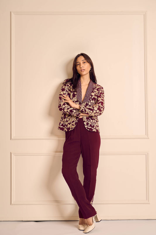 NAAZ Burgundy Pure silk crepe Embroidered jacket with embroidered pants