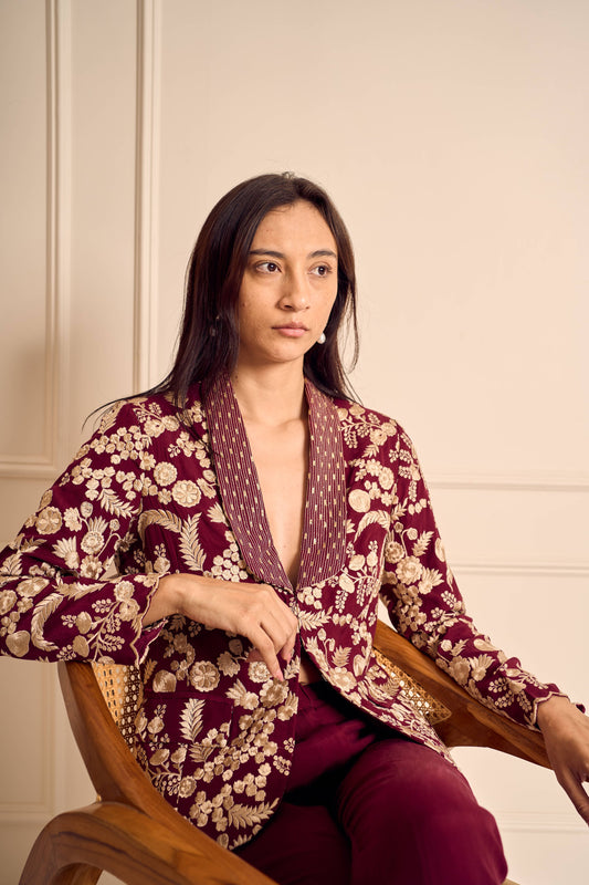 NAAZ Burgundy Pure silk crepe Embroidered Jacket