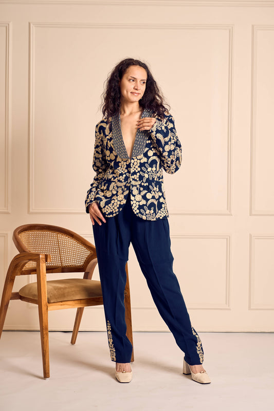 NAAZ Blue Pure silk crepe Embroidered jacket with embroidered pants