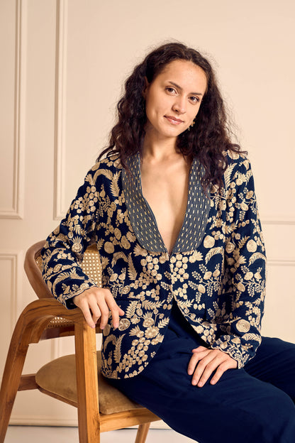 NAAZ Blue Pure silk crepe Embroidered jacket with embroidered pants
