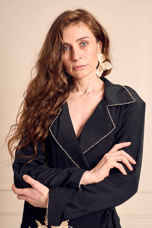 NOOR Black Pure Silk Crepe Wrapped Blazer with Straight Pants