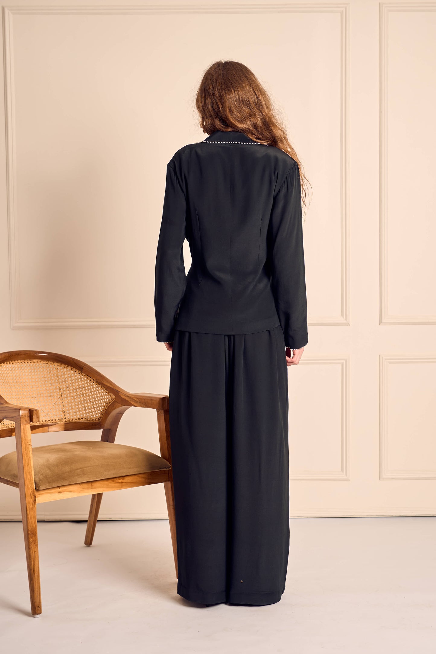 NOOR Black Pure Silk Crepe Wrapped Blazer with Straight Pants
