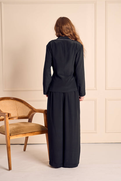 NOOR Black Pure Silk Crepe Wrapped Blazer with Straight Pants