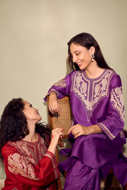 RUBANI Orchid Violet Chanderi Kurta Set Tissue Applique Mirror Work