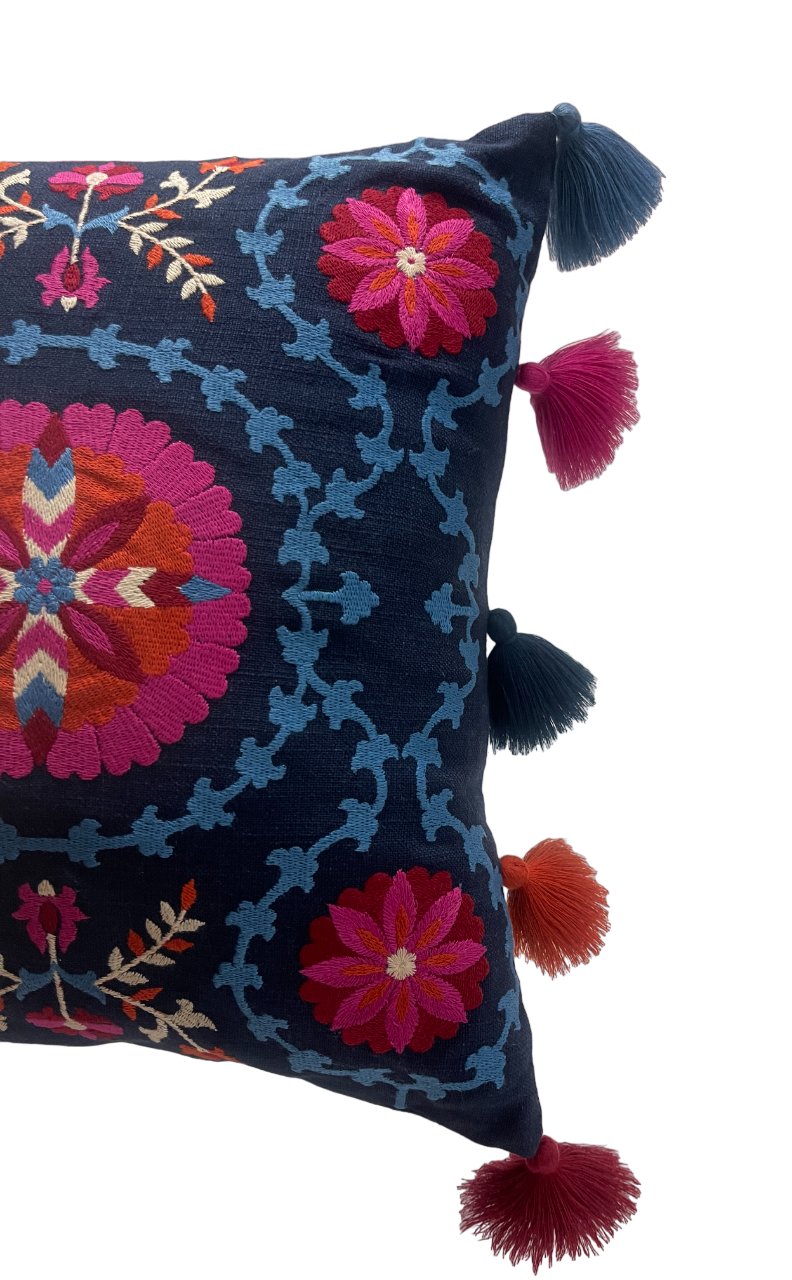 Bukhara Suzani Embroidered Midnight Blue Cushion Cover