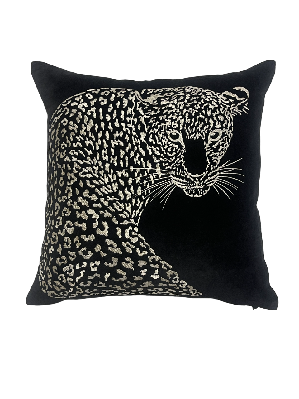 Snow Leopard Velvet Embroidered Black Cushion Cover