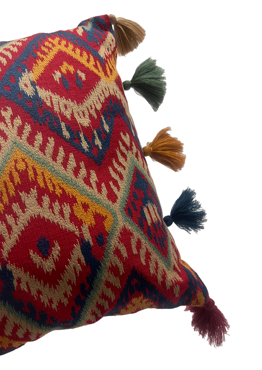 Sambhalpur Ikat Embroidered Red Base Cushion Cover