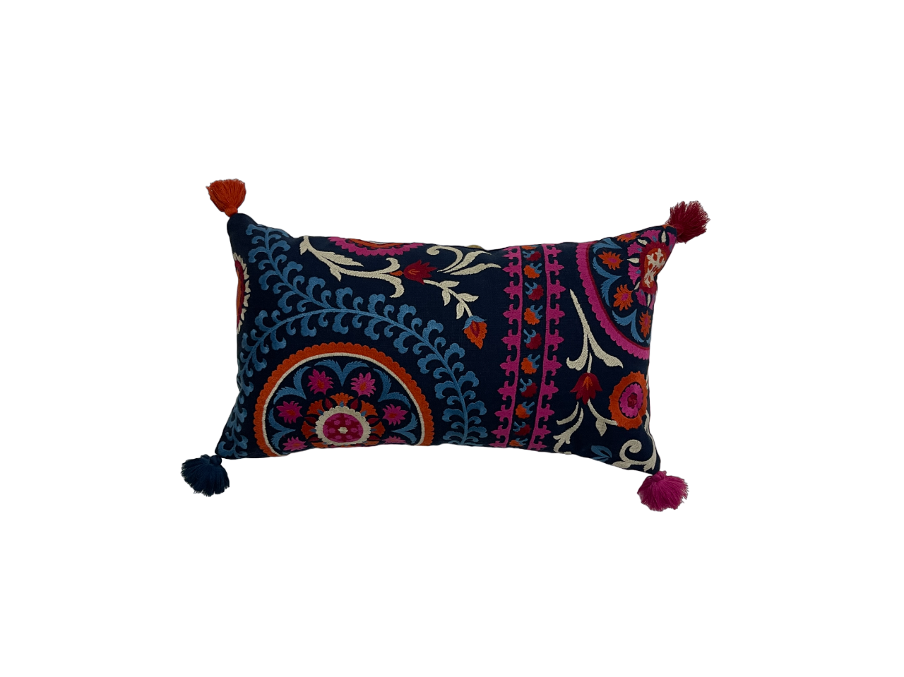 Tashkent Suzani Embroidered Midnight Blue Cushion Cover with Tassels