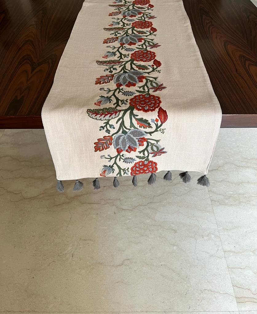 SAND FLORAL GREY EMBROIDERY TABLE RUNNER WITH TASSLES