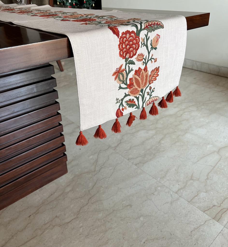 SAND FLORAL RUST EMBROIDERY TABLE RUNNER WITH TASSLES