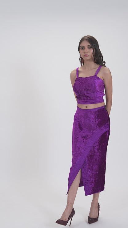 Violet Embroidered Tie Up Makhmal Blouse with Front Slit Makhmal Skirt