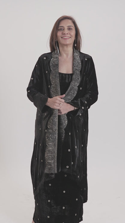 Black Silk Velvet Embroidered Asymmetrical Full Sleeve Jacket