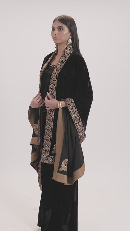 Black Silk Velvet Kashmiri Embroidery Stole