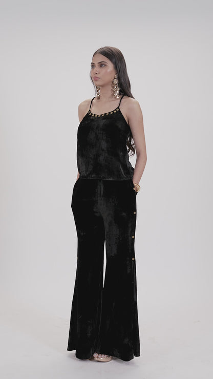 Black Silk Velvet Metal Detail Spaghetti with Metal Detail Silk Velvet Flared Pants