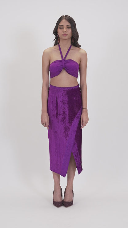 Violet pure Silk Crepe Jacquard Bustier with Front Slit Makhmal Embroidered Skirt